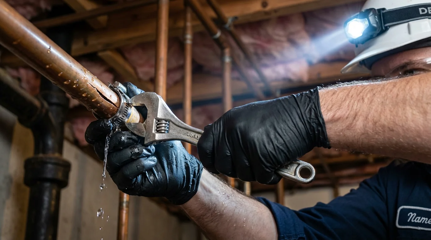 Emergency pipe clamp repair being performed by a Johns Plumbing LLC plumber in Pitman