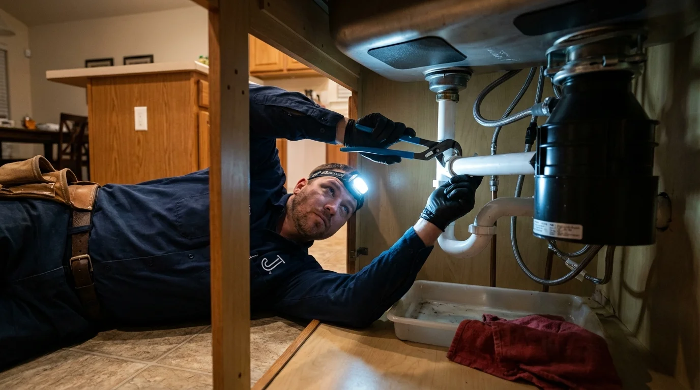 P-trap and supply line connections under a kitchen sink showing a common leak point in Pitman, NJ